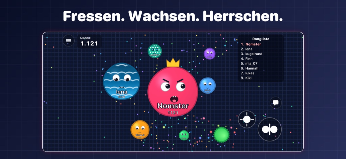 Nomster.io Spielszene: eine rosa Zelle mit Krone führt die Rangliste an
