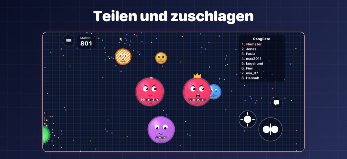 Nomster.io Spielszene: Zelle teilen und auf eine kleinere Zelle schießen