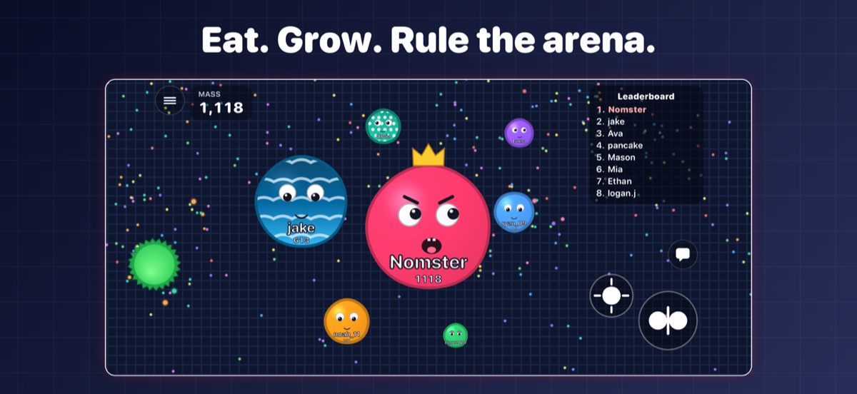 Nomster.io gameplay: a pink cell with a crown leads the leaderboard