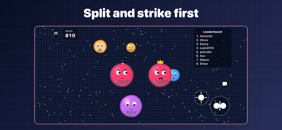 Nomster.io gameplay: split your cell and strike a smaller cell