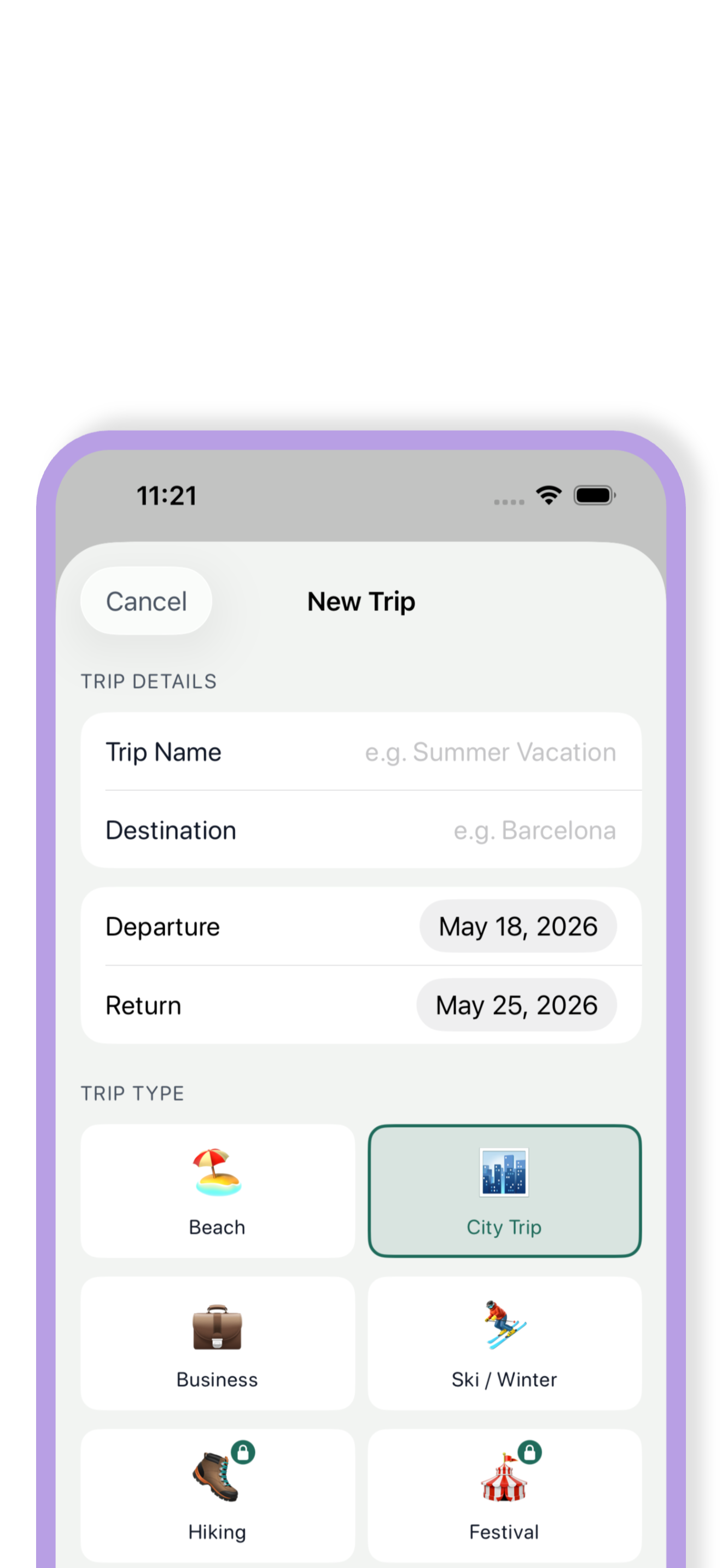 PackList - Create new trip